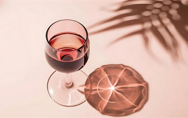 Vidro de vinho rosa em fundo bege com sombra de folha de palmeira brilhando ao sol conceito de descanso de verão vinho seco em vidro visualização criativa de cima cores pastel