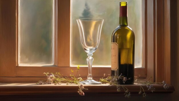 Vidro e garrafa de vinho em suporte de janela de madeira