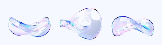 Vidro líquido abstrato formas de torus de onda transparente conjunto de ícones de renderização 3D anéis de círculo de fluido de gradiente holográfico objetos de arte de dispersão cromática iridescente elementos de design isolados