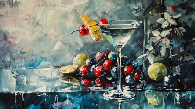 Foto vidro martini e pintura de frutas