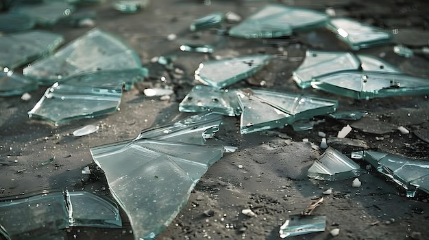 Vidro quebrado no chão de diferentes tamanhos e formas acidente de carro ou assalto