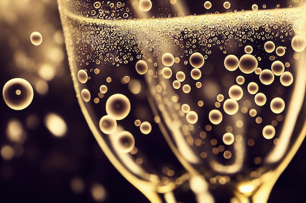 Vidro translúcido com gotas e bolhas espumantes de champanhe em tons dourados