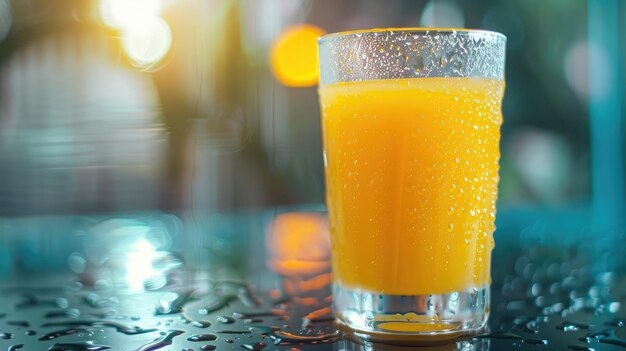 Foto vidro transparente repleto de condensação de suco de laranja recém-espremado se formando em sua superfície sentado elegantemente em uma mesa elegante