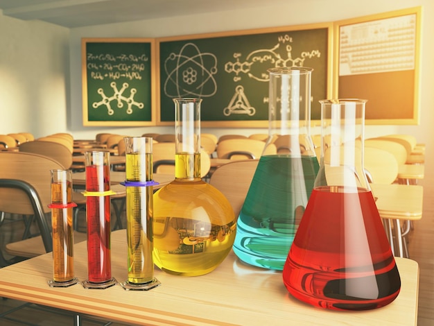 Vidros de laboratório com fórmula em blackdesk no laboratório de química da escola