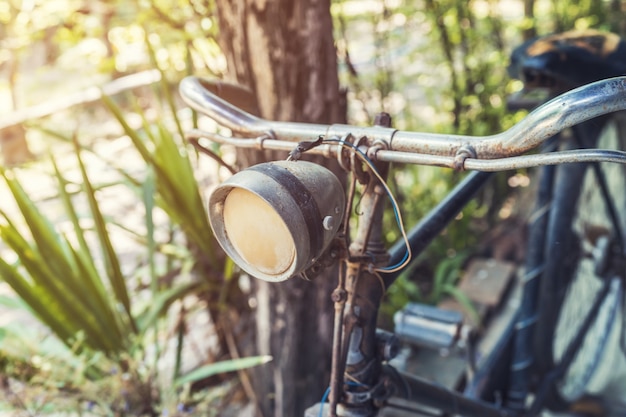 vieja bicicleta de época y la luz en el jardín