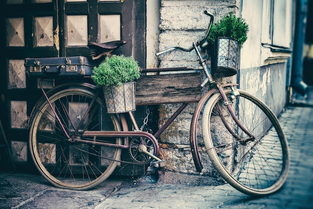 Vieja bicicleta con macetas y maleta como decoración y tablón de madera para escribir el texto