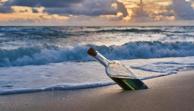 Vieja botella de vidrio en la arena en la orilla del mar Paisaje marítimo con agua azul del océano y cielo con nubes