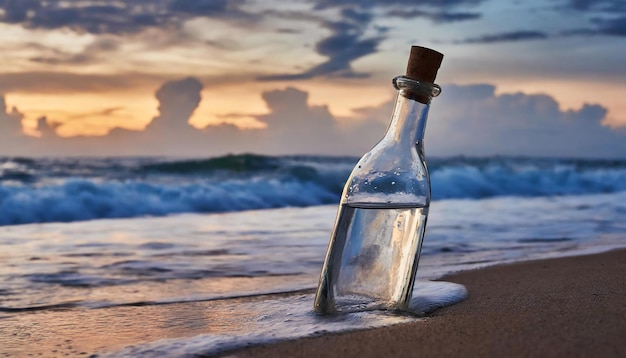 Vieja botella de vidrio en la arena en la orilla del mar Paisaje marítimo con agua azul del océano y cielo con nubes