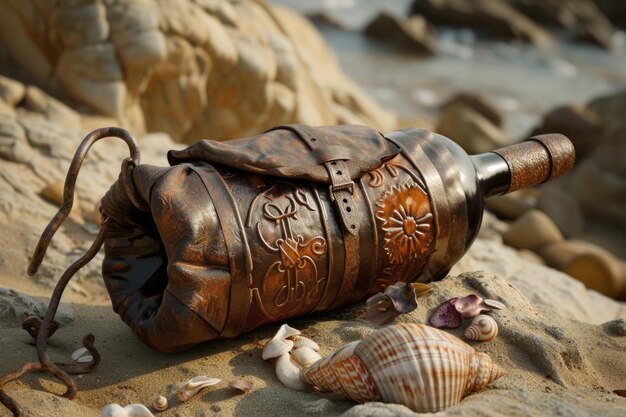 vieja botella de vino antigua portador de bolsa de cuero y concha de mar