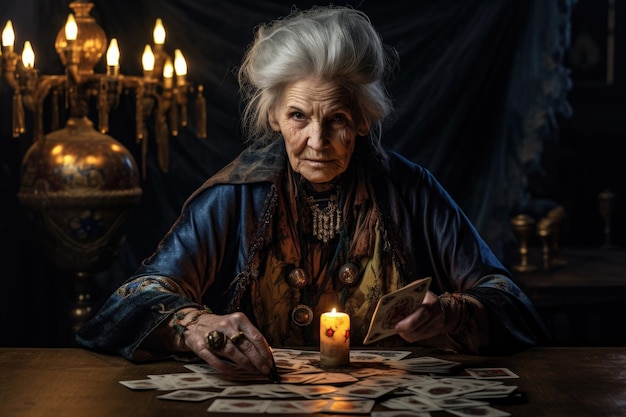 Foto vieja bruja leyendo cartas del tarot en la mesa en una habitación oscura ia generativa