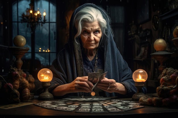 Foto vieja bruja leyendo cartas del tarot en la mesa en una habitación oscura ia generativa