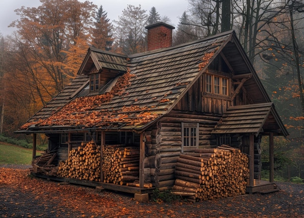 Vieja cabaña de madera en el bosque Una vieja casa de madera con leña apilada