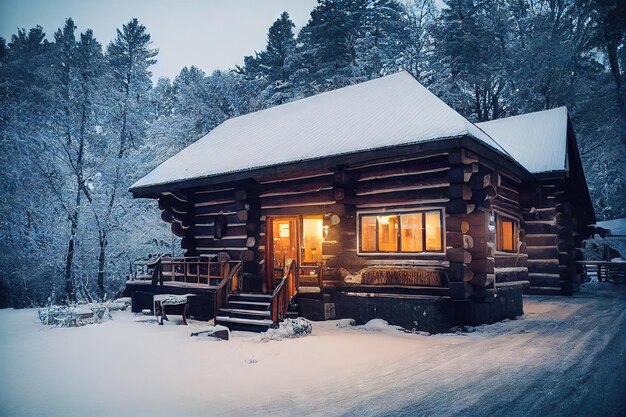 Vieja cabaña de troncos en paisaje invernal