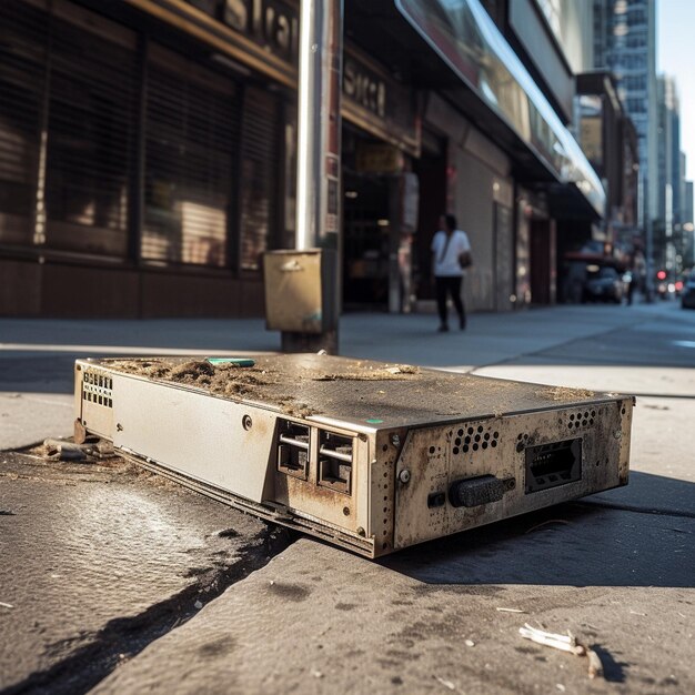 Una vieja caja está en la acera frente a una tienda.