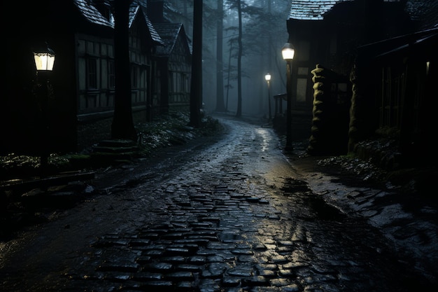 una vieja calle de adoquines en medio de una noche de niebla