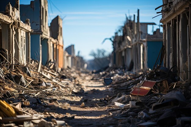 Foto una vieja calle de la ciudad con escombros en el suelo y edificios en la foto está empañada por los rayos del sol