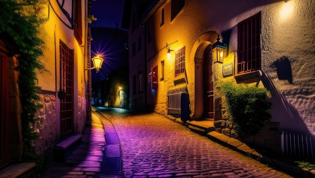 Vieja calle histórica vacía de noche con luces de neón brillantes del pavimento de adoquines en