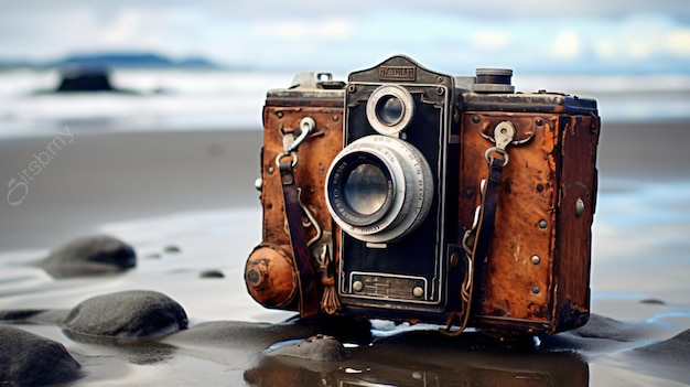 Vieja cámara vintage en la playa