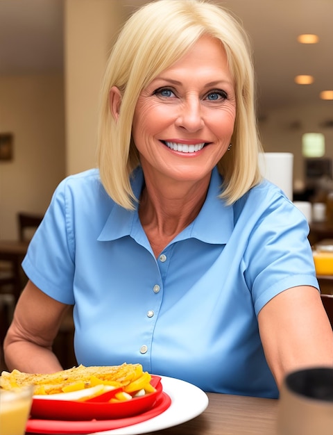 Vieja camarera rubia estadounidense que trabaja en un restaurante en los Estados Unidos