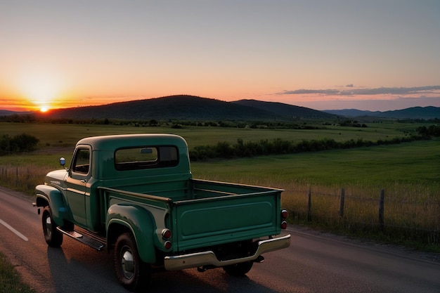 Foto una vieja camioneta conduce por un camino rural