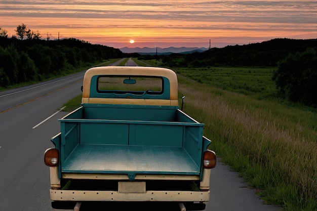 Foto una vieja camioneta conduce por un camino rural