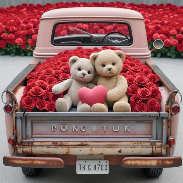 Foto una vieja camioneta llena de rosas rojas y un par de osos de peluche