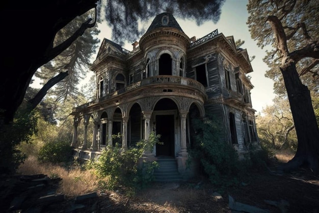 Una vieja casa abandonada en el bosque con las palabras "la palabra" en el frente.