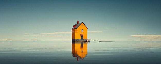 Una vieja casa amarilla en el borde de un lago o una foto panorámica de agua