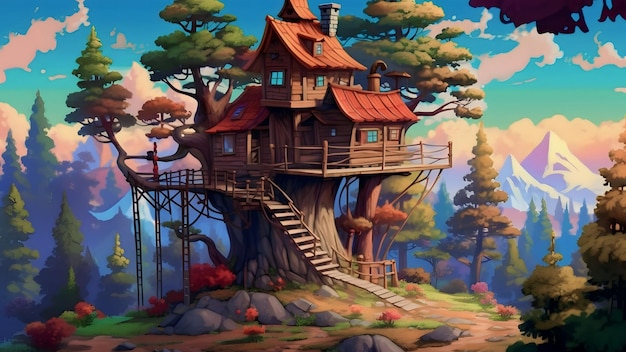 Foto vieja casa de madera en un árbol en el bosque