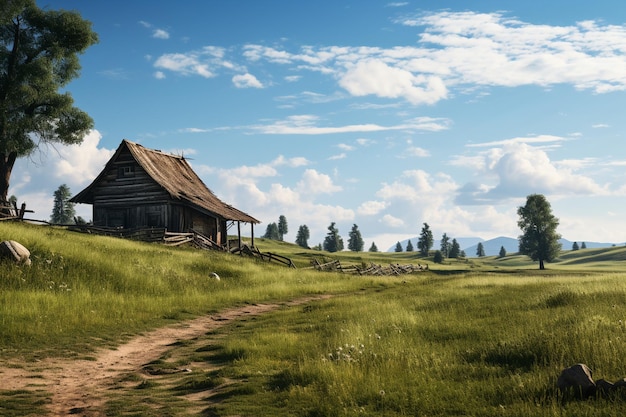 Vieja casa de madera en el prado en otoño 3d render