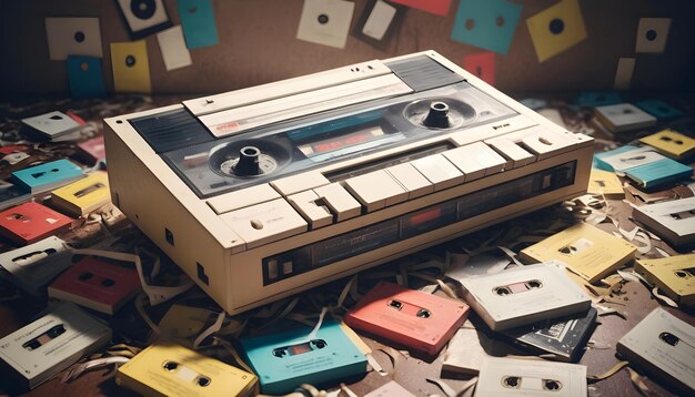 Foto una vieja cinta de cassette con cintas esparcidas que evocan la nostalgia de la era de las mixtapes