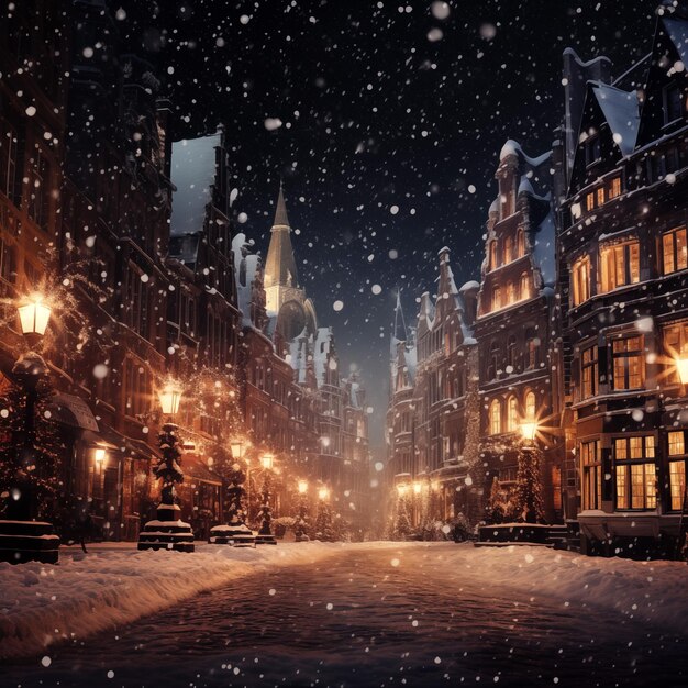 Vieja ciudad europea por la noche con nieve Navidad y Año Nuevo vacaciones concepto paisaje urbano de invierno