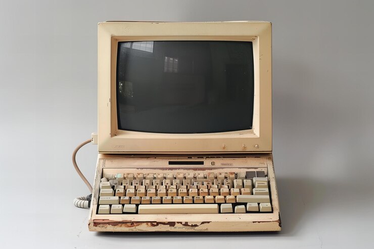 Foto una vieja computadora beige con una pantalla negra vacía