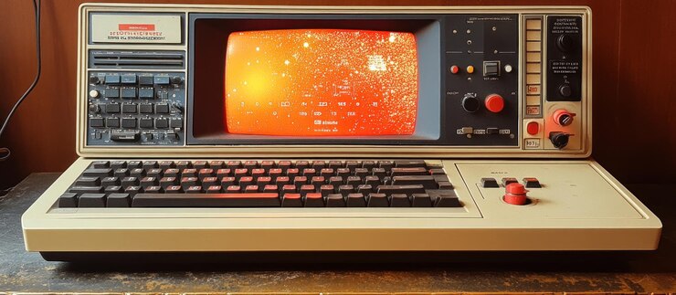 Foto una vieja computadora con un diseño retro que muestra una escena cósmica en su pantalla
