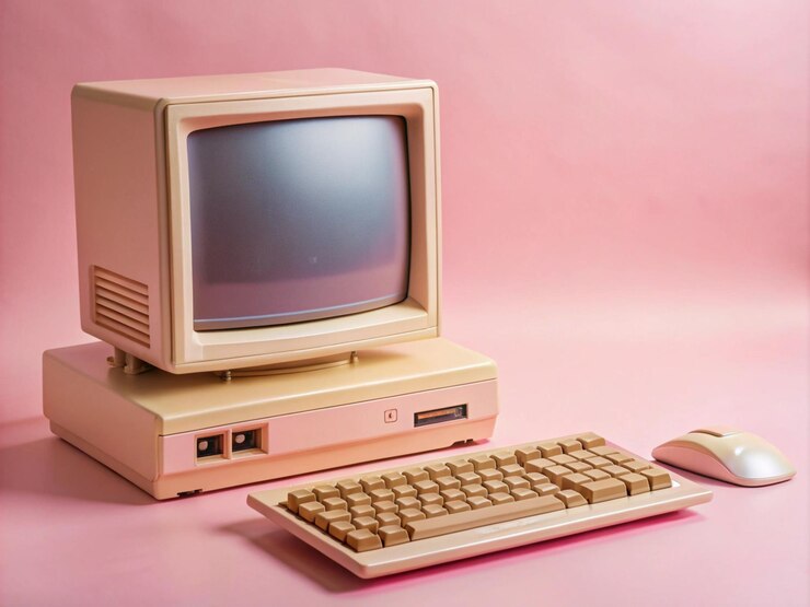 Foto una vieja computadora con un fondo rosa y un teclado