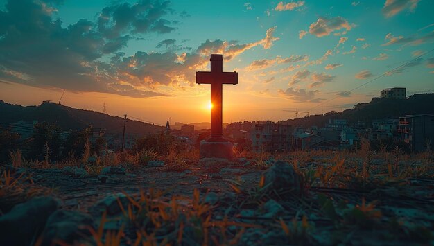Una vieja cruz de madera robusta se encuentra en una colina al atardecer con un hermoso cielo lleno de nubes en el fondo La cruz es un símbolo del cristianismo y la resurrección de Jesucristo