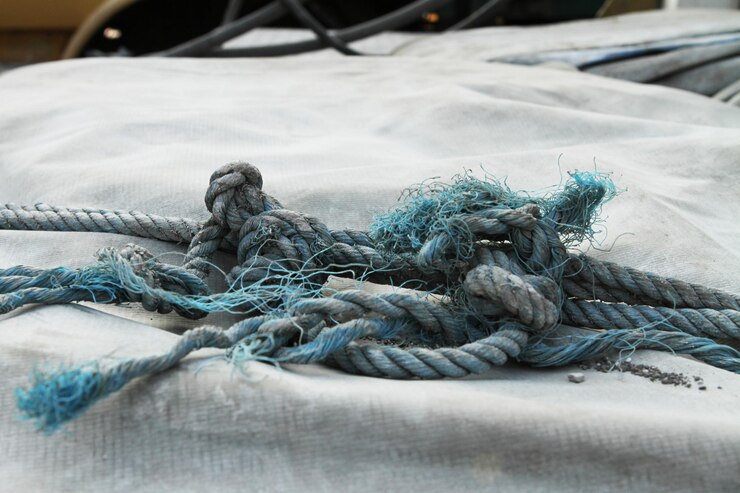 Una vieja y desgastada cuerda anudada cuyo color azul se ha desvanecido por la lluvia y el calor