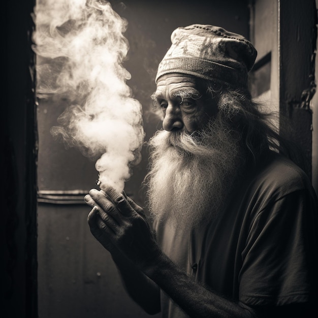 Vieja foto en blanco y negro sucia y rota de un anciano