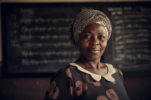 Una vieja foto de maestra con fondo de pizarra