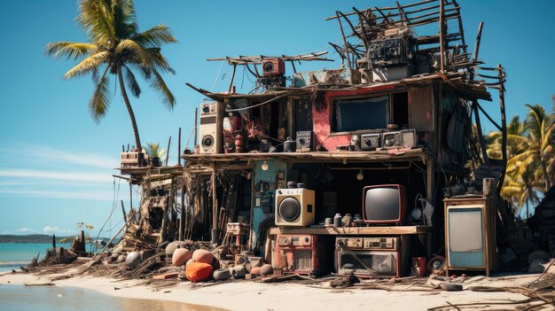 Vieja fotografía vintage de la cabaña de la isla de la casa de la playa con estilo cyberpunk