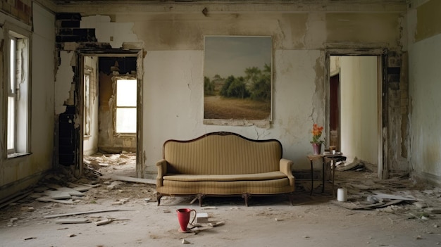 Foto una vieja habitación abandonada rota con sofá y pared sucia