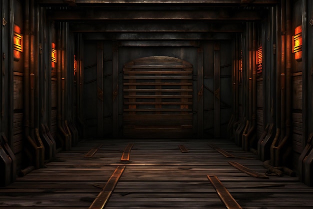 Una vieja habitación oscura con un piso de madera