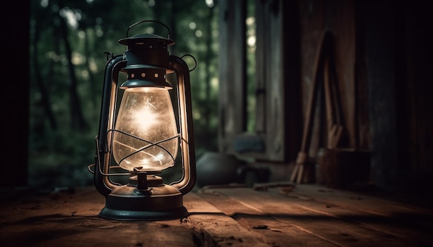 Foto una vieja linterna oxidada y antigua ilumina la noche oscura generada por ai