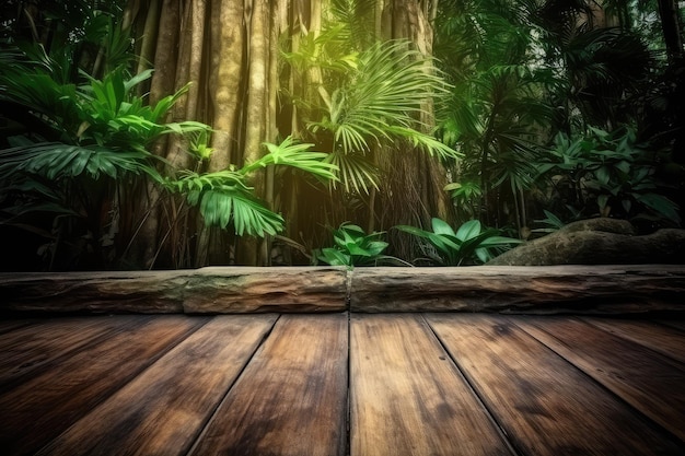 La vieja madera vacía es un telón de fondo de jardín tropical generado por la IA