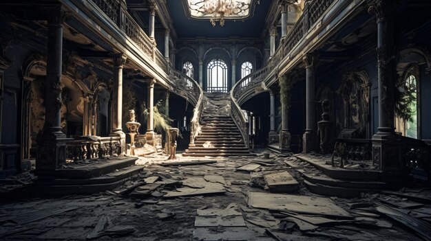 Foto vieja mansión histórica abandonada y olvidada en el interior