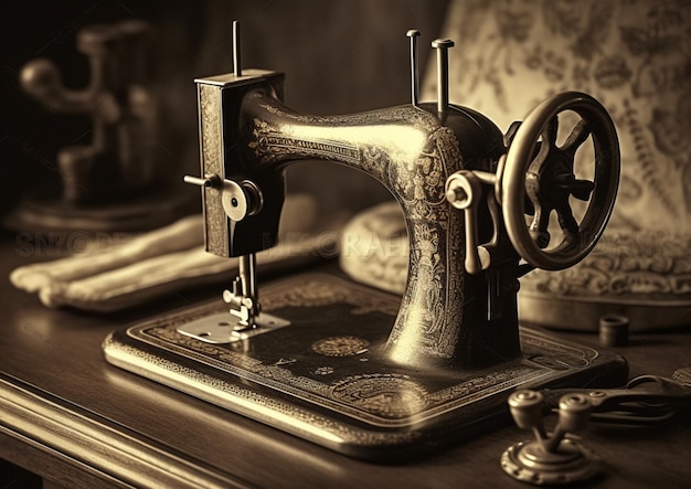 Una vieja máquina de coser con una etiqueta negra y dorada.