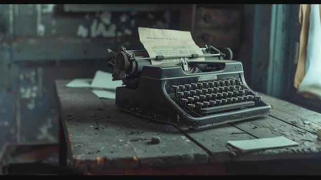 Foto una vieja máquina de escribir polvorienta se sienta en una mesa de madera la máquina de escribir es negra y tiene un teclado de color crema