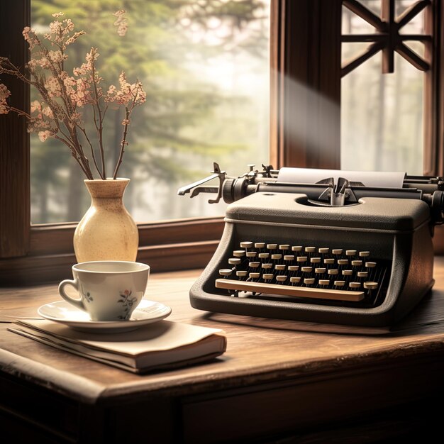 una vieja máquina de escribir se sienta en una mesa junto a una taza de café