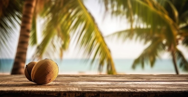 Foto vieja mesa de madera contra la playa panorámica borrosa con hojas de palma y cocos frescos concepto vacaciones verano playa mar imagen generada por ia