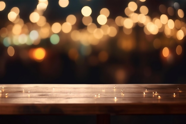 Vieja mesa de madera con fondo de luces bokeh borrosas Contenido generado por IA